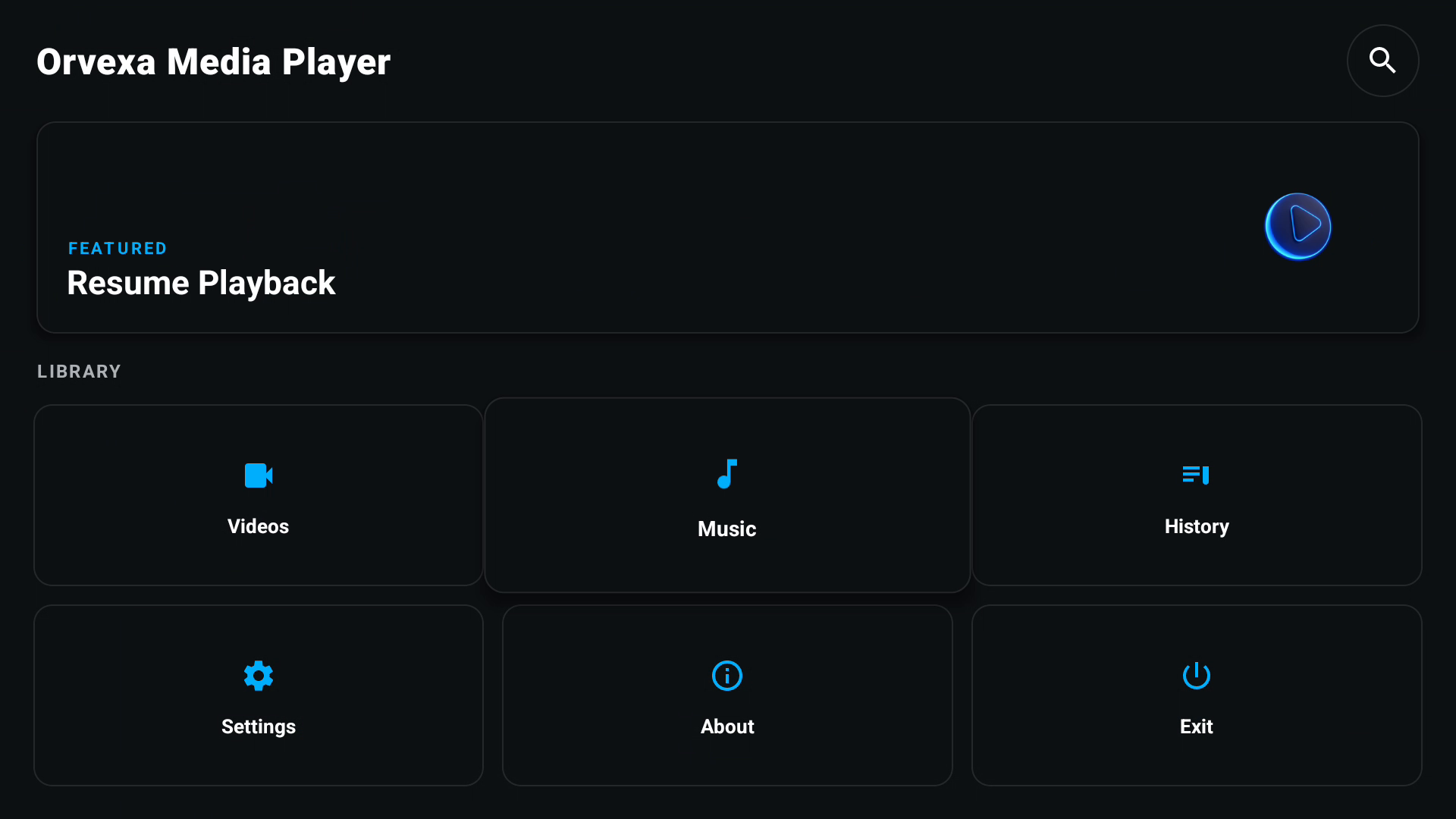 Orvexa Media Player home screen