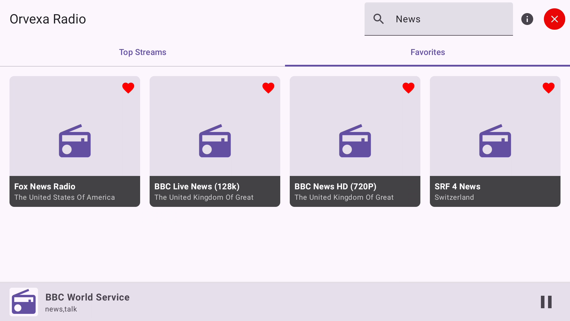 Orvexa Radio playback and favorites screen