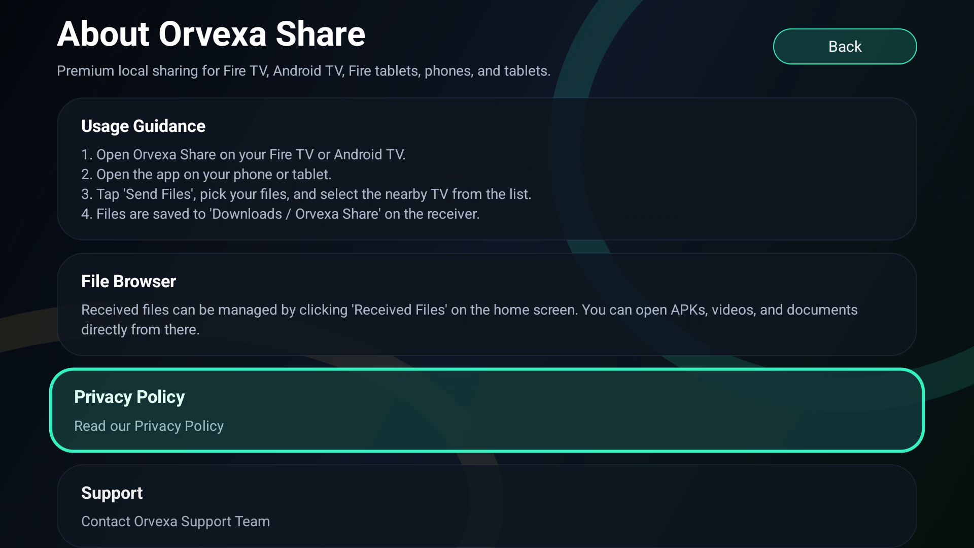 Orvexa Share transfer screen
